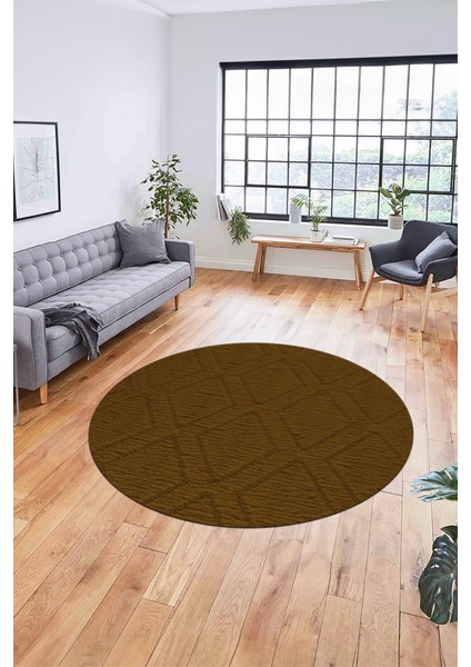 Dijital Kaymaz Taban Yıkanabilir Kilim Desen Yuvarlak Mutfak Salon Halısı, Y-Sade-02-Kahve,