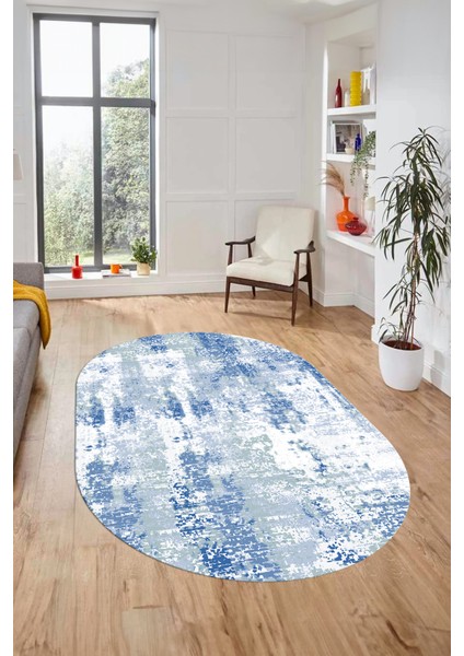 Dijital Baskı Kaymaz Yıkanabilir Sade Düz Renk Tasarım Oval Yolluk Salon Halısı, O-Sade-44-Mavi,