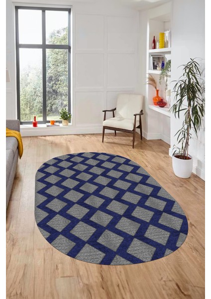 Dijital Baskı Kaymaz Yıkanabilir Sade Motifli Oval Yolluk Mutfak Salon Halısı, O-Sade-40-Mavi,