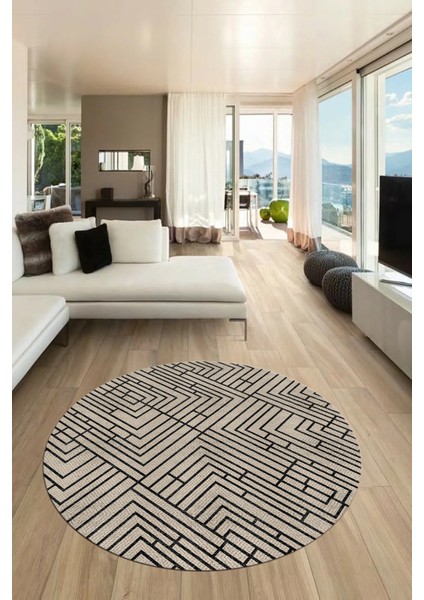 Dijital Kaymaz Taban Yıkanabilir Sade Motifli Yuvarlak Mutfak Salon Halısı, Y-Sade-11-Krem,