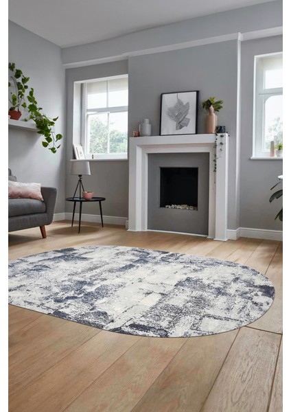 Düz Renk Sade Desen Dijital Kaymaz Taban Yıkanabilir Oval Yolluk Salon Halısı, O-Sade-25-Mavi,