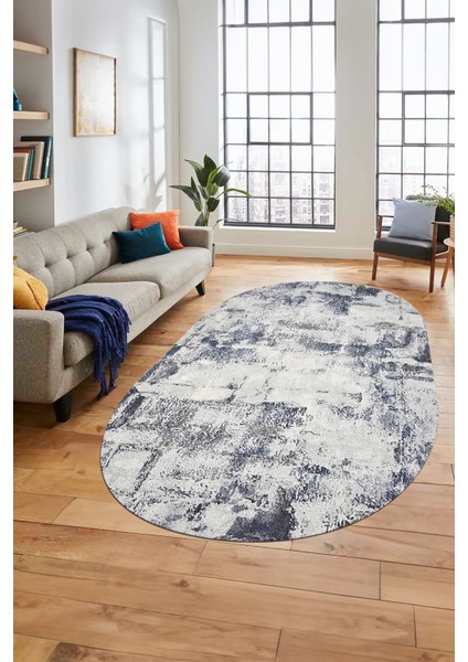 Düz Renk Sade Desen Dijital Kaymaz Taban Yıkanabilir Oval Yolluk Salon Halısı, O-Sade-25-Mavi,
