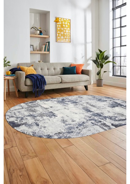 Düz Renk Sade Desen Dijital Kaymaz Taban Yıkanabilir Oval Yolluk Salon Halısı, O-Sade-25-Mavi,