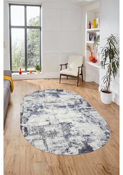Düz Renk Sade Desen Dijital Kaymaz Taban Yıkanabilir Oval Yolluk Salon Halısı, O-Sade-25-Mavi,
