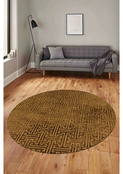 Dijital Baskı Kaymaz Yıkanabilir Sade Düz Desen Yuvarlak Mutfak Salon Halısı, Y-Sade-38-Kahve,