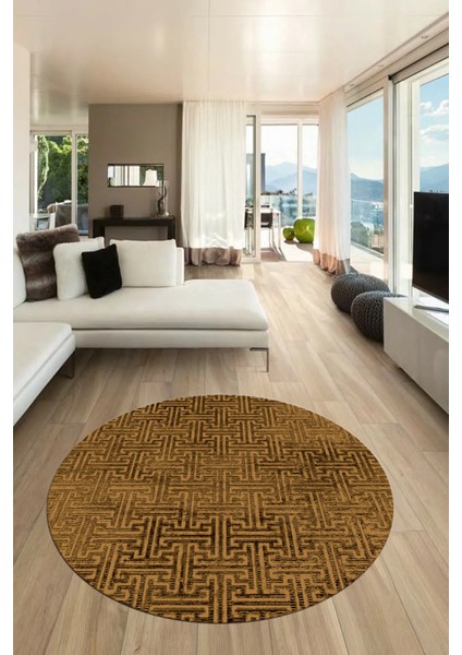 Dijital Baskı Kaymaz Yıkanabilir Sade Düz Desen Yuvarlak Mutfak Salon Halısı, Y-Sade-38-Kahve,