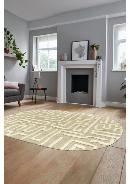 Baskılı Kaymaz Taban Yıkanabilir Sade Düz Desen Oval Yolluk Mutfak Salon Halısı, O-Sade-09-Bej,