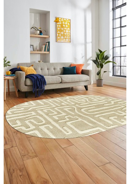 Baskılı Kaymaz Taban Yıkanabilir Sade Düz Desen Oval Yolluk Mutfak Salon Halısı, O-Sade-09-Bej,