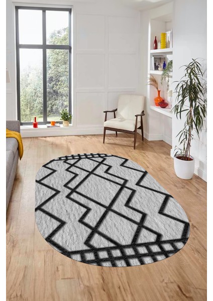 Dijital Baskı Kaymaz Yıkanabilir Sade Tasarım Oval Yolluk Mutfak Salon Halısı, O-Sade-42-Siyah,