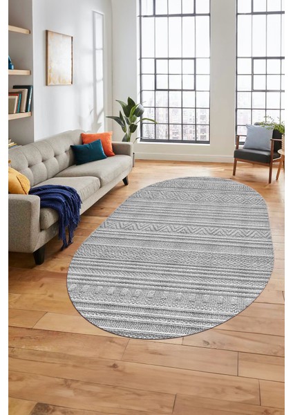 Kilim Desenli Sade Motifli Kaymaz Taban Yıkanabilir Oval Yolluk Salon Halısı, O-Sade-30-Gri,