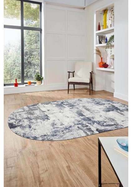 Düz Renk Sade Desen Dijital Kaymaz Taban Yıkanabilir Oval Yolluk Salon Halısı, O-Sade-25-Mavi,