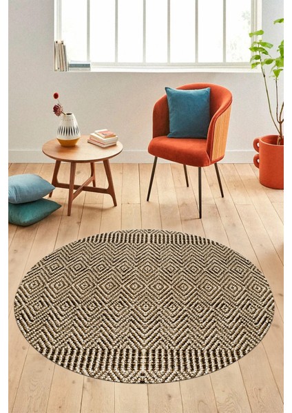 Dijital Kaymaz Taban Yıkanabilir Sade Desen Yuvarlak Mutfak Salon Halısı, Y-Sade-18-Kahve,