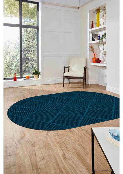 Dijital Baskı Kaymaz Yıkanabilir Sade Oval Yolluk Mutfak Koridor Salon Halısı, O-Sade-46-Mavi,