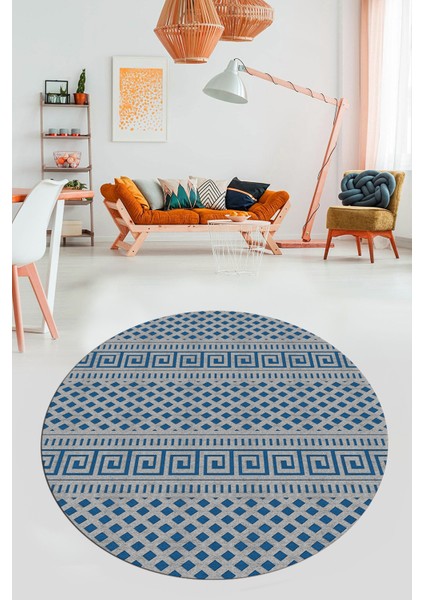 Kilim Desenli Dijital Kaymaz Yıkanabilir Sade Yuvarlak Mutfak Salon Halısı, Y-Sade-21-Mavi,