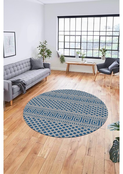 Kilim Desenli Dijital Kaymaz Yıkanabilir Sade Yuvarlak Mutfak Salon Halısı, Y-Sade-21-Mavi,