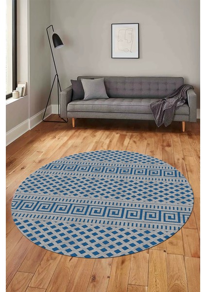 Kilim Desenli Dijital Kaymaz Yıkanabilir Sade Yuvarlak Mutfak Salon Halısı, Y-Sade-21-Mavi,