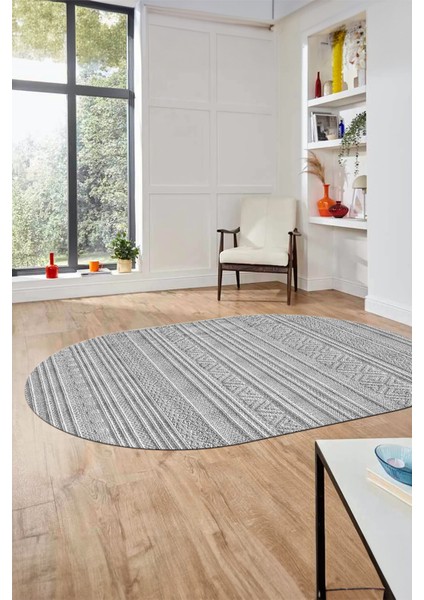 Kilim Desenli Sade Motifli Kaymaz Taban Yıkanabilir Oval Yolluk Salon Halısı, O-Sade-30-Gri,