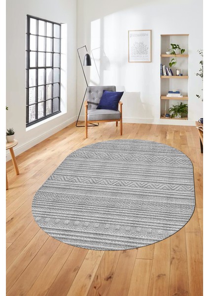 Kilim Desenli Sade Motifli Kaymaz Taban Yıkanabilir Oval Yolluk Salon Halısı, O-Sade-30-Gri,