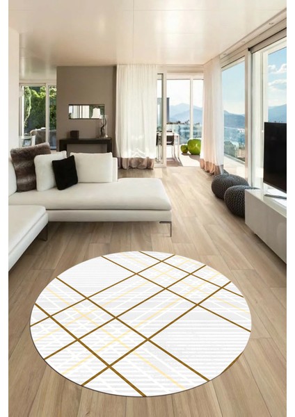 Dijital Baskı Kaymaz Yıkanabilir Sade Çizgili Yuvarlak Mutfak Salon Halısı, Y-Sade-39-Beyaz, fırsatları