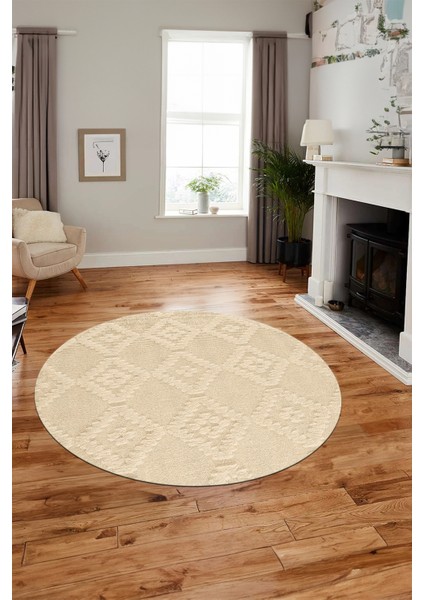 Dijital Kaymaz Taban Yıkanabilir Şık Kilim Desen Yuvarlak Mutfak Salon Halısı, Y-Sade-03-Bej,
