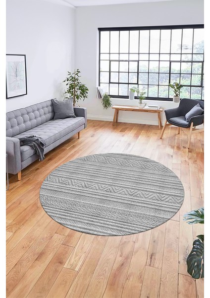 Kilim Desenli Sade Motifli Kaymaz Taban Yıkanabilir Yuvarlak Salon Halısı, Y-Sade-30-Gri,