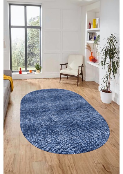 Düz Renk Sade Desenli Dijital Kaymaz Taban Yıkanabilir Oval Yolluk Salon Halısı, O-Sade-35-Mavi,