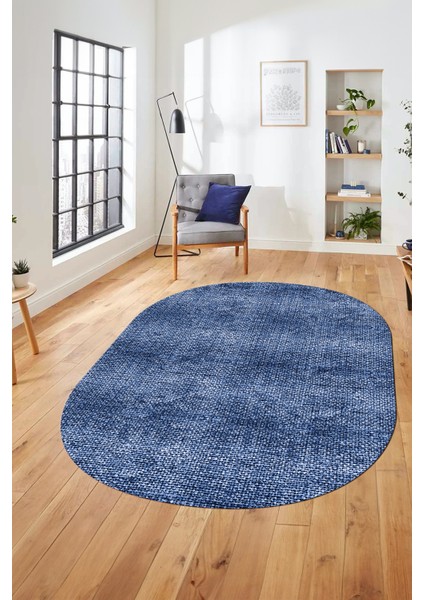 Düz Renk Sade Desenli Dijital Kaymaz Taban Yıkanabilir Oval Yolluk Salon Halısı, O-Sade-35-Mavi,