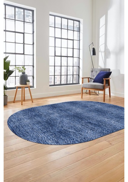 Düz Renk Sade Desenli Dijital Kaymaz Taban Yıkanabilir Oval Yolluk Salon Halısı, O-Sade-35-Mavi,