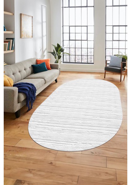 Düz Renk Sade Motifli Dijital Kaymaz Taban Yıkanabilir Oval Yolluk Salon Halısı, O-Sade-32-Beyaz,