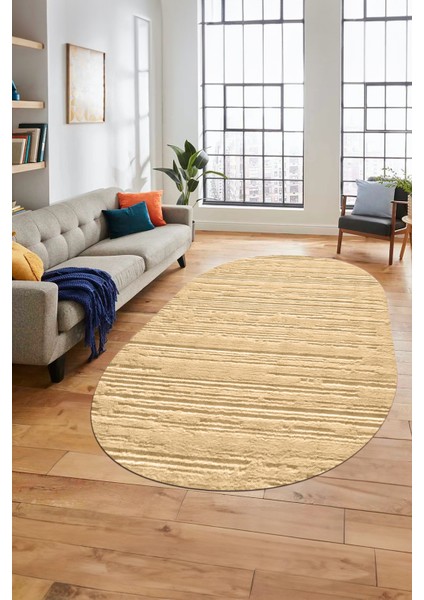 Düz Renk Sade Motifli Dijital Kaymaz Taban Yıkanabilir Oval Yolluk Salon Halısı, O-Sade-32-Kahve,