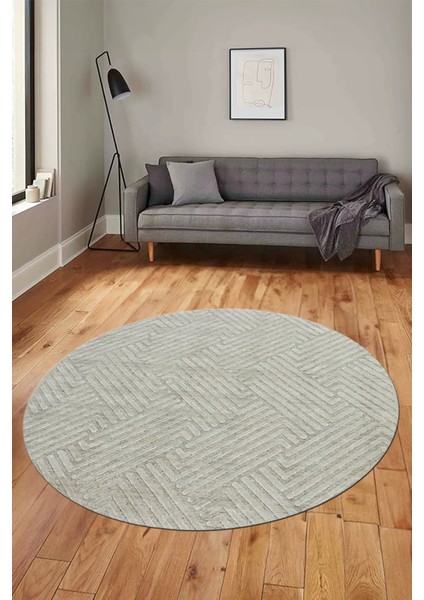Dijital Baskı Kaymaz Yıkanabilir Sade Desen Yuvarlak Mutfak Salon Halısı, Y-Sade-47-Krem,