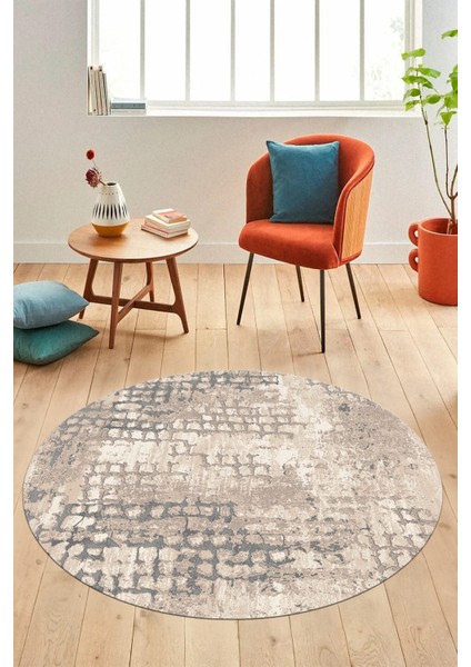 Dijital Kaymaz Taban Yıkanabilir Sade Motifli Yuvarlak Mutfak Salon Halısı, Y-Sade-16-Vizon,