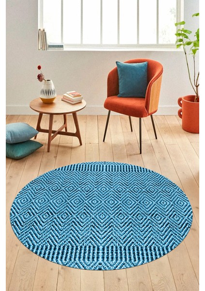 Dijital Kaymaz Taban Yıkanabilir Sade Desen Yuvarlak Mutfak Salon Halısı, Y-Sade-18-Mavi,