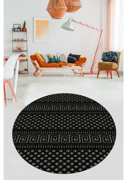 Kilim Desenli Dijital Kaymaz Yıkanabilir Sade Yuvarlak Mutfak Salon Halısı, Y-Sade-21-Antrasıt,