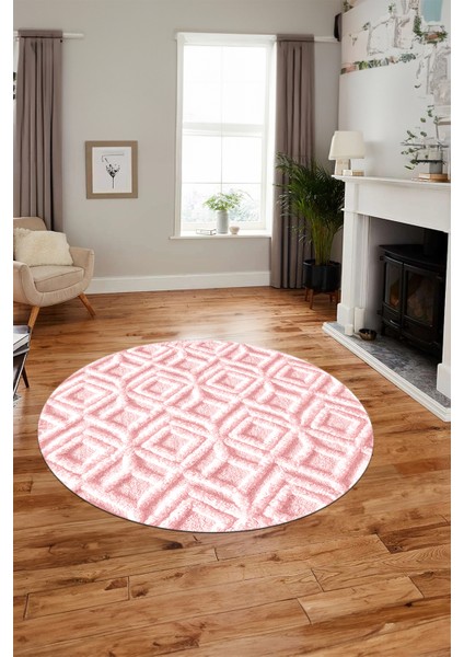 3D Dijital Kaymaz Taban Yıkanabilir Kilim Desen Yuvarlak Mutfak Salon Halısı, Y-Sade-04-Pembe,