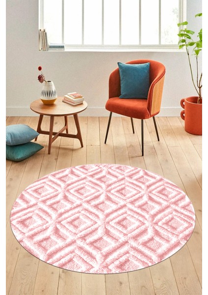 3D Dijital Kaymaz Taban Yıkanabilir Kilim Desen Yuvarlak Mutfak Salon Halısı, Y-Sade-04-Pembe,