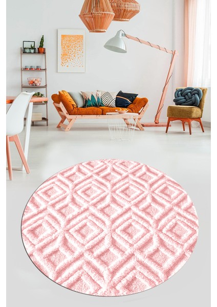 3D Dijital Kaymaz Taban Yıkanabilir Kilim Desen Yuvarlak Mutfak Salon Halısı, Y-Sade-04-Pembe,