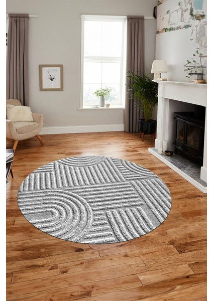 Dijital Kaymaz Taban Yıkanabilir Sade Desen Yuvarlak Mutfak Salon Halısı, Y-Sade-01-Gri,