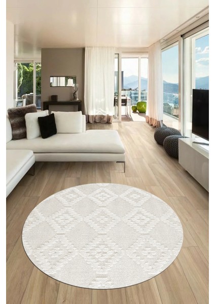 Dijital Kaymaz Taban Yıkanabilir Şık Kilim Desen Yuvarlak Mutfak Salon Halısı, Y-Sade-03-Krem, fiyatları