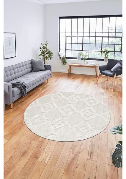 Dijital Kaymaz Taban Yıkanabilir Şık Kilim Desen Yuvarlak Mutfak Salon Halısı, Y-Sade-03-Krem, indirimleri