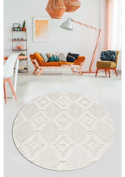 Dijital Kaymaz Taban Yıkanabilir Şık Kilim Desen Yuvarlak Mutfak Salon Halısı, Y-Sade-03-Krem,
