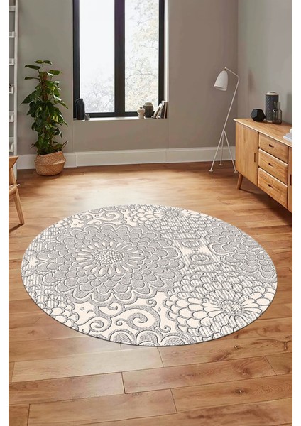 Düz Renk Sade Motifli Dijital Kaymaz Taban Yıkanabilir Yuvarlak Salon Halısı, Y-Sade-34-Krem,
