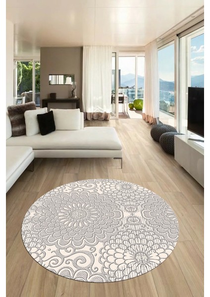 Düz Renk Sade Motifli Dijital Kaymaz Taban Yıkanabilir Yuvarlak Salon Halısı, Y-Sade-34-Krem,