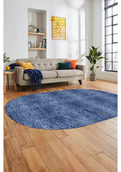 Düz Renk Sade Desenli Dijital Kaymaz Taban Yıkanabilir Oval Yolluk Salon Halısı, O-Sade-35-Mavi,