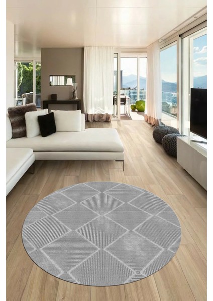 Dijital Baskı Kaymaz Yıkanabilir Sade Şık Motifli Yuvarlak Mutfak Salon Halısı, Y-Sade-41-Gri,