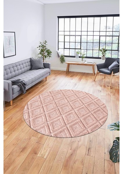 Sade Baklava Desen Motifli Kaymaz Taban Yıkanabilir Yuvarlak Salon Halısı, Y-Sade-28-Pembe,