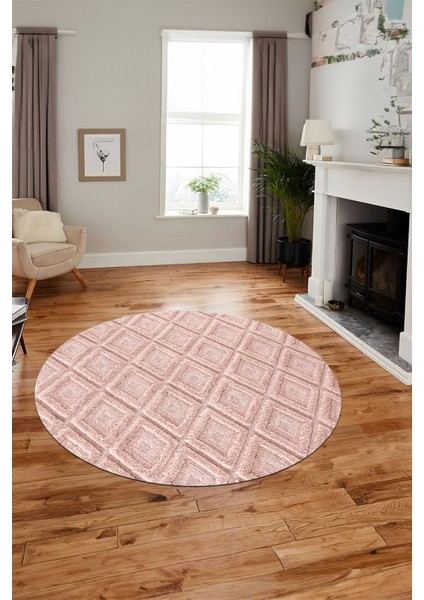 Sade Baklava Desen Motifli Kaymaz Taban Yıkanabilir Yuvarlak Salon Halısı, Y-Sade-28-Pembe, indirimleri
