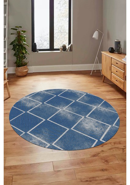 Dijital Baskı Kaymaz Yıkanabilir Sade Şık Motifli Yuvarlak Mutfak Salon Halısı, Y-Sade-41-Mavi,
