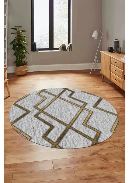 Dijital Baskı Kaymaz Yıkanabilir Sade Tasarım Yuvarlak Mutfak Salon Halısı, Y-Sade-42-Gold,