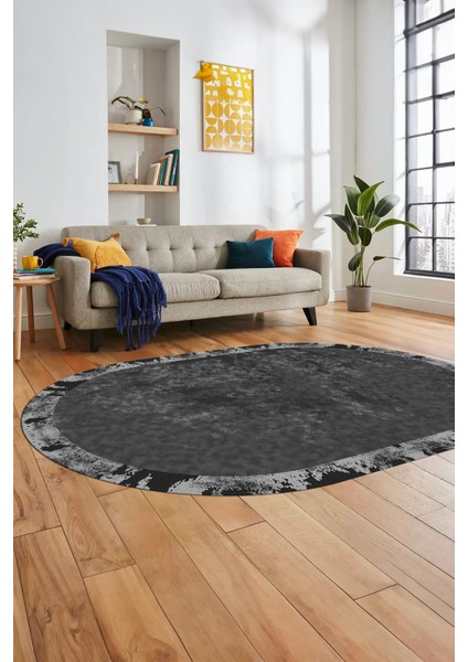 Düz Renk Sade Desen Çerçeveli Kaymaz Taban Yıkanabilir Oval Yolluk Salon Halısı, O-Sade-36-Antrasit,